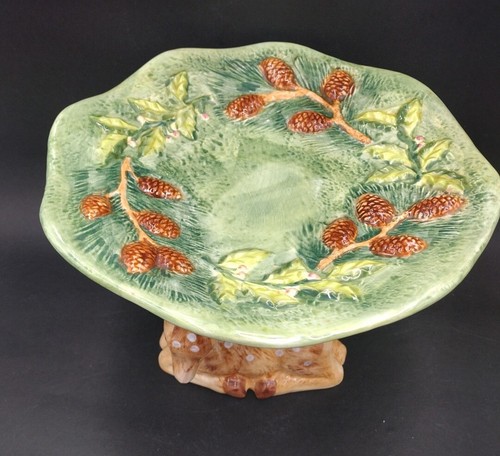 VTG Deer Fawn Pinecone Pedestal Plate Stand Centerpiece World Bazaar Majolica - Picture 14 of 14