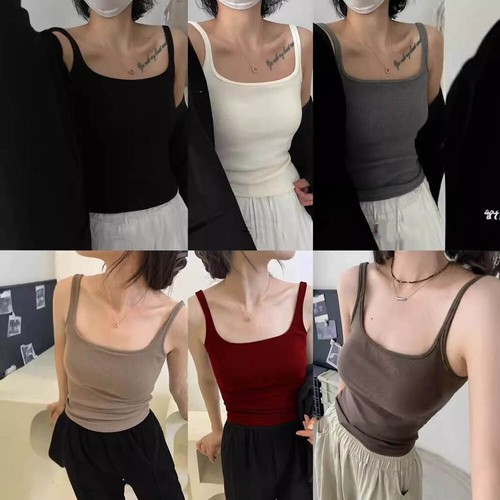 Damen-Tanktops mit eckigem Kragen Trägershirt ärmellos schlankmachend elastisch und Polster - Bild 1 von 28