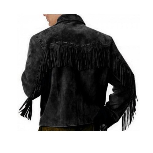 Herren American Native Western Cowboy Wildleder Lederjacke mit Fransen - schwarz - Bild 6 von 6