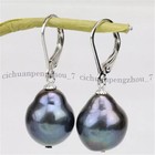 12-13MM REAL NATURAL TAHITIAN BLACK BAROQUE PEARL DANGLE WHITE GOLD EARRINGS