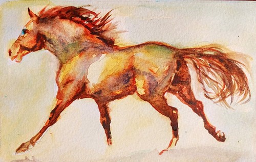 Horse running Art watercolor painting signed,stallion,equestrian,equine 5x3.7" - Picture 3 of 5