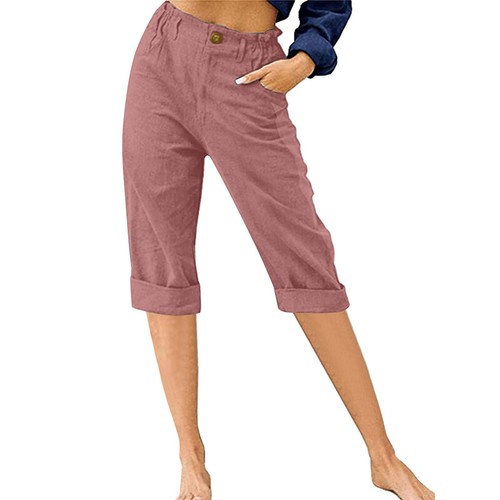 Womens Cotton Linen Casual Elastic Waist Pants Hight Waist Capri Pants Summer - Picture 18 of 34