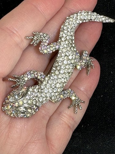 Lizard Salamander Gecko Clear & Aurora RhinestonVintage Silver Brooch Pin M-5829 - Picture 1 of 3
