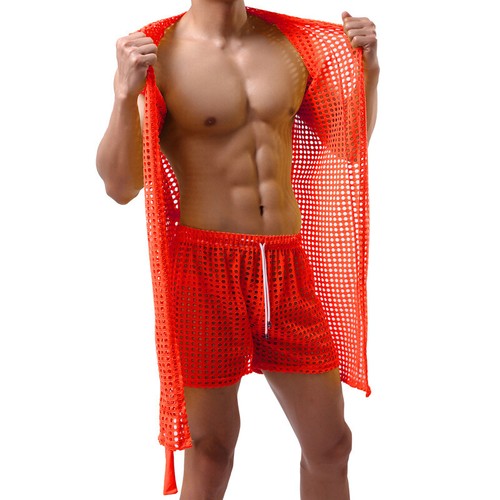 Albornoz de malla Openwork para hombre pijama algodón ocio ropa de noche - Imagen 10 de 20