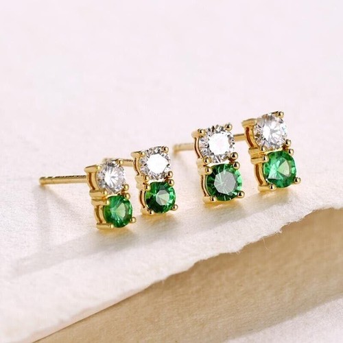 Pure 18K Yellow Gold Natural Tsavorite Lab Grown Diamond Square Stud Earrings - Picture 1 of 12
