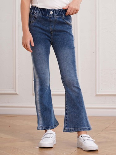 Kids Girls Bell-Bottom Travel Pants Washed Denim High Waist Legging Outside - Picture 8 of 38