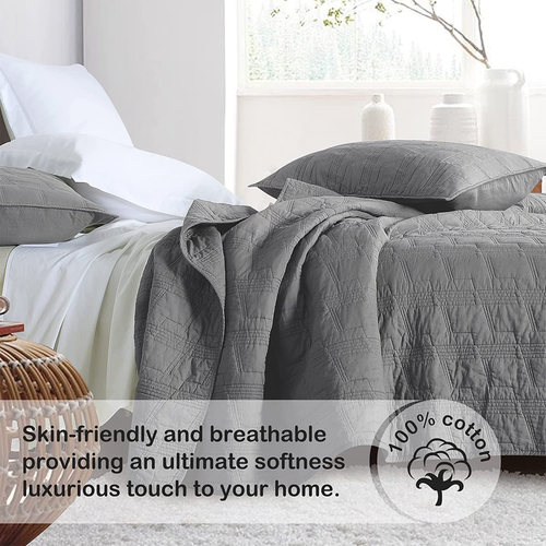 100% Cotton Quilt Set Twin Size, Dark Grey Pre-Washed 2-Piece Bedspread Coverlet - Picture 2 of 7
