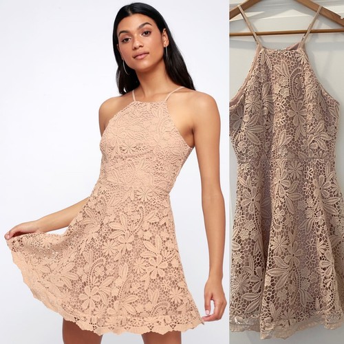 Lulus Love in the Air Nude Lace Skater Dress size small