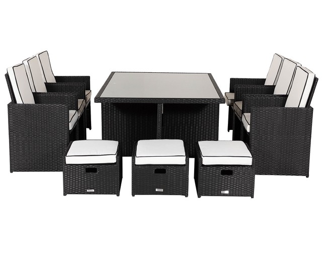 Deluxe 13 Piece Black Rattan Garden Furniture Cube Dining Set With Footstools
