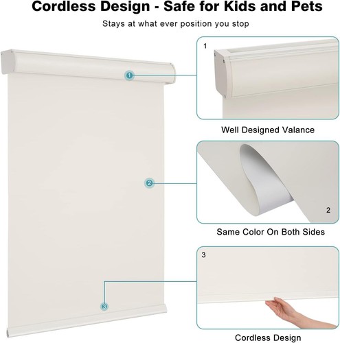 Blackout Cordless Solar Roller Shades Blinds-White/ Beige/ Gray/ Black - Picture 7 of 13