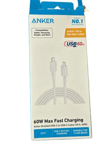 Anker 10' 60W Braided USB-C to USB-C Max Fast Charging Cable White - Zdjęcie 3 z 3