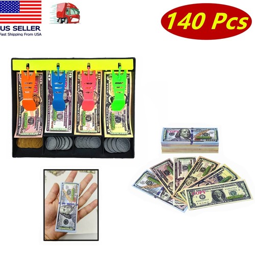 Juego de 140 piezas de dinero ficticio educativo, monedas, impresión de 1 cara, cajero juego de simulación