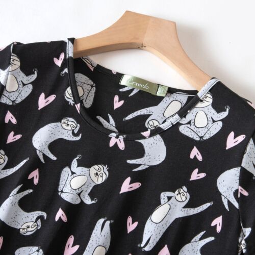 Women Short Sleeve Nightgown Cute Cartoon Summer Crew Neck Sleep Pajamas Dress - Picture 39 of 99