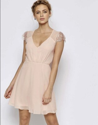 Blush Pink Lace Cap Sleeves Sheer Back V Neck Pink Wedding Bridesmaid Dress  UK10