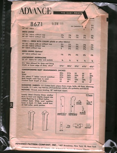 8671 Vintage Advance Sewing Pattern Juniors Wiggle Dress Fitted Teens 11 OOP Sew - Picture 2 of 2