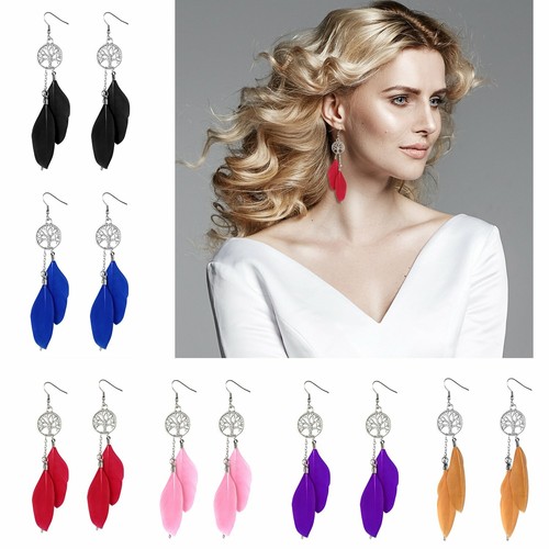 Stainless Steel Boho Hook Drop Dangle Earring Tree of Life Feather Tassel Gift - Picture 7 of 16