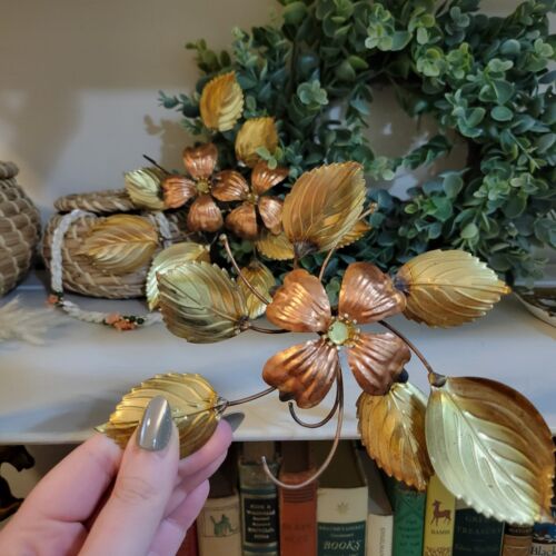 Vtg Floral Brass Copper Wall Decor Metal Art Dogwood Flowers Leaves MCM 2 Pieces - Picture 3 of 6