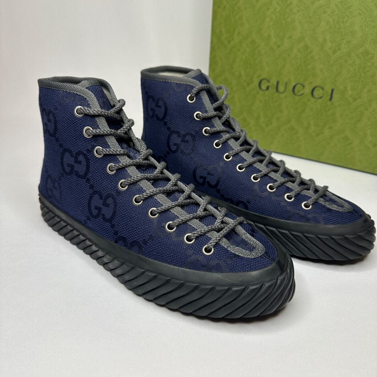 NWT Gucci Mens High Top GG Blue Sneakers Shoes, Macro Canvas NWT Gucci Mens High Top GG Blue Sneakers Shoes, Macro Canvas