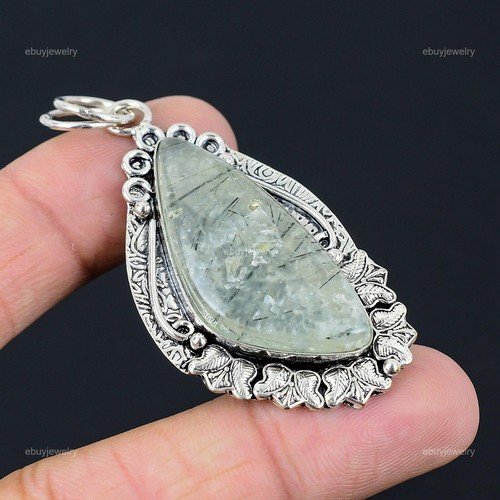 Natural Moss Prehnite Gemstone Pendant 925 Sterling Silver Jewelry For Girls - Afbeelding 6 van 6