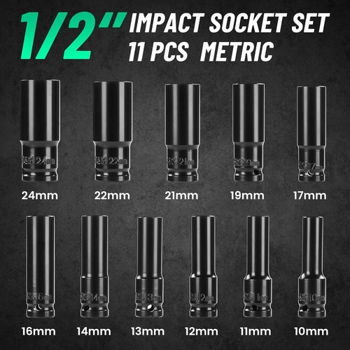 Seesii 1/2” Drive Impact Socket Set 11pcs Set 10-11-12-13-14-16-17-19-21-22-24mm - Picture 2 of 8