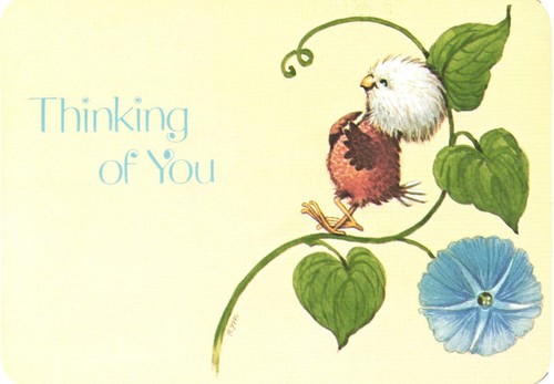 Ich denke an dich kleiner Vogel und blaue Blumengrüße Vintage Postkarte