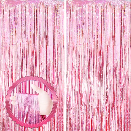 2 Pack Laser Pink Tinsel Foil Fringe Curtains, Pink Party Decorations, Metall...