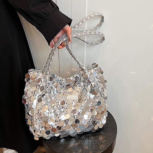 Sparkling Sequin Large Capacity Tote Bag Women's Zipper Closure Shoulder Bag GF - Picture 7 of 14