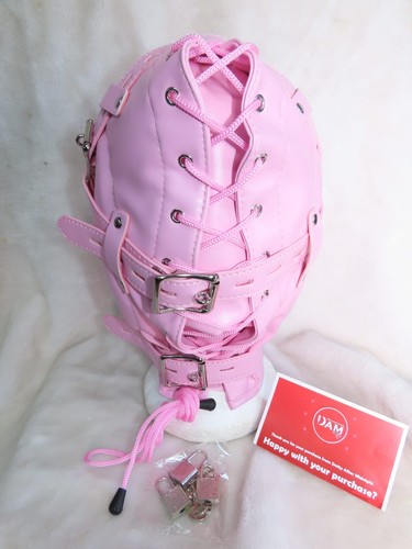 Bondage hood faux LEATHER BABY PINK, Lockable 3 padlocks, BDSM, Gimp, SM Slave - Picture 2 of 9