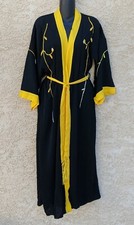 Vintage 40s Japanese Kimono Robe Rayon Silk Embroidery Yellow Black RARE