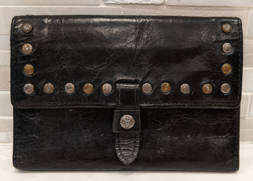 Patricia Nash Large Black Leather Studded Tri-Fold Wallet