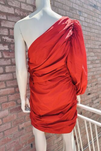 Mini Vestido ARTCLUB BOMBALINA Acanalado Manga Abullonada Un Hombro Rojo Tafetán Talla L - Imagen 14 de 24