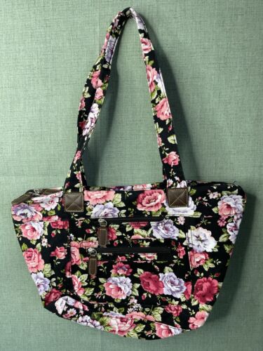 Rosa blühende Rose Blumen Canvas Schultertasche Handtasche Doppelreißverschluss - Bild 1 von 14