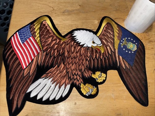 BESTICKTER WEISSKOPFSEEADLER 13"X10" PATCH - US FLAGGE auf LINKER & LUFTWAFFE FLAGGE auf RECHTS