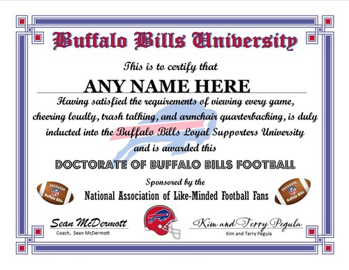BUFFALO BILLS NFL FOOTBALL FAN PERSONALIZED CERTIFICATE DIPLOMA SPORTS GIFT - Picture 2 of 2