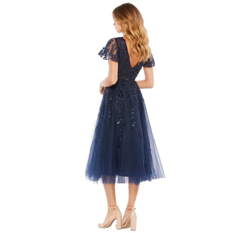 Mac Duggal $598 Size 6 Embellished Flutter Sleeve Tea Length Midnight Navy Dress - Picture 5 of 10