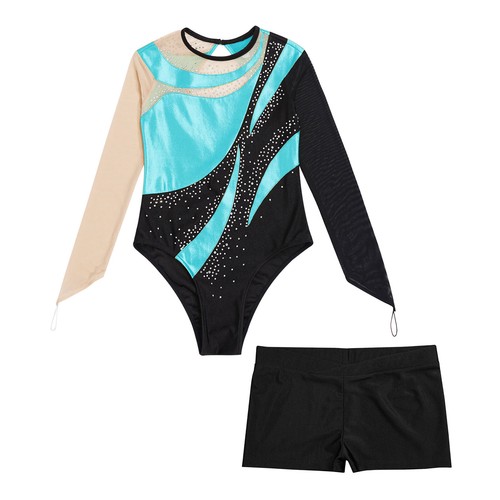 Girls Gymnastic Leotard with Dance Shorts Metallic Unitard Bodysuit Competition - Picture 18 of 72