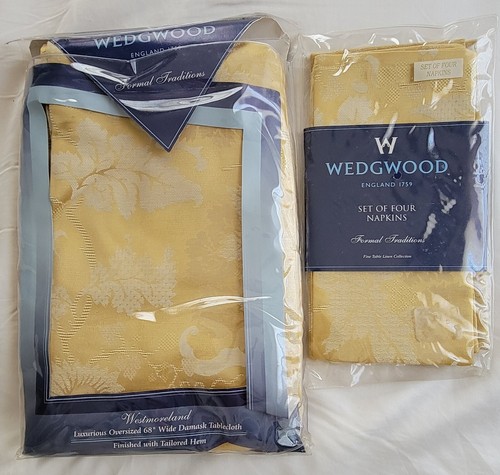 Wedgewood WestMoreland Gold Damask Tablecloth 68" X 104” Rectangle + 4 Napkins - Picture 2 of 13
