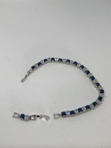 Sterling Silver Blue Lab-Created Sapphire White Topaz Tennis Bracelet - Picture 8 of 12