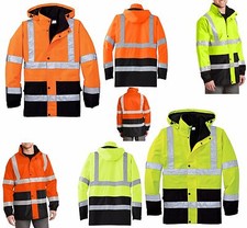 MEN'S CLASS 3, REFLECTIVE SAFETY RAIN COAT, WATERPROOF, HIDE-AWAY HOOD. S-4XL