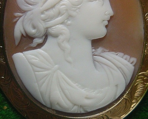 ANTIGUO Broche Cameo de cornalina de oro amarillo de 14 K Grabado Deméter Ceres - Imagen 6 de 12