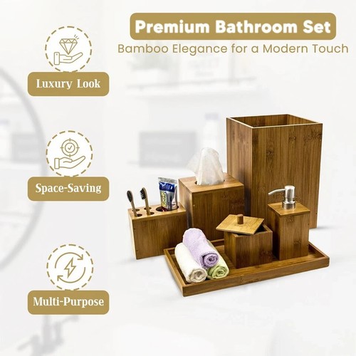 6 PIECE BAMBOO BATHROOM SET SOAP DISPENSER TUMBLER TRAY BIN TISSUE BOX - Picture 5 of 13