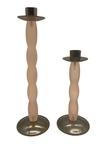 Set Of 2 Graduated Pink Satin Curvy Knot Metal Base Top Candle Holders - Picture 2 of 12