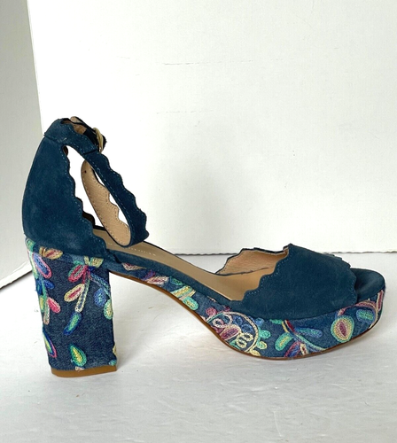 Anthropologie Suede Floral Platform Sandal 8 Heel Womens Ankle Strap Boho Blue - Picture 13 of 14