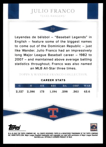 2022 Topps X Wander Franco Collection Julio Franco # 39 Texas Rangers - Picture 2 of 2