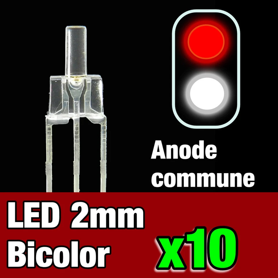 740/10# 10pcs LED bi-color anode commune 2mm blanc - rouge - idéal digital