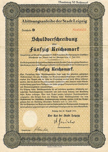 Ablosungsanleihe der Stadt Leipzig - 50 Reichsmart - Bond - Foreign Bonds