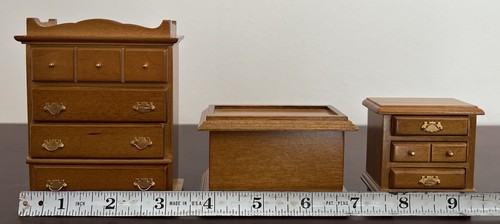 Vintage Wood Dollhouse Tiny Bedroom Set Dresser Chest Of Drawers + Blanket Chest - Picture 2 of 11