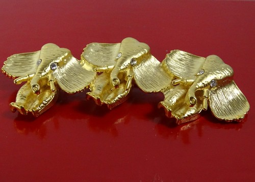 Vintage gold tone rhinestone Elephant Head Trio Brooch Pin - Picture 4 of 7