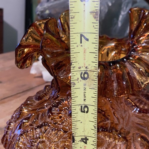 Vintage Fenton Amber Ruffle Top Embossed Poppy Flower Hurricane Lamp Sha - Bild 9 von 12