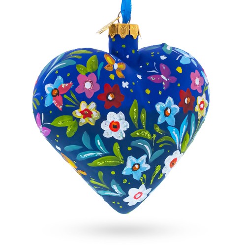 Blue Folk Art Whimsical Doves & Flowers Heart Glass Ornament - Picture 2 of 3